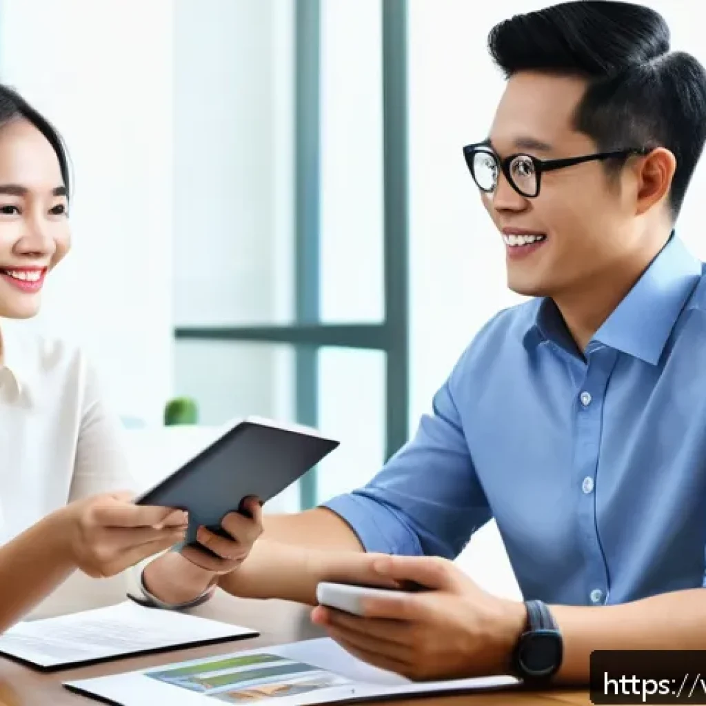 공인중개사와 고객 신뢰를 얻는 방법 - A Vietnamese real estate agent warmly interacting with a diverse group of clients in a modern office...