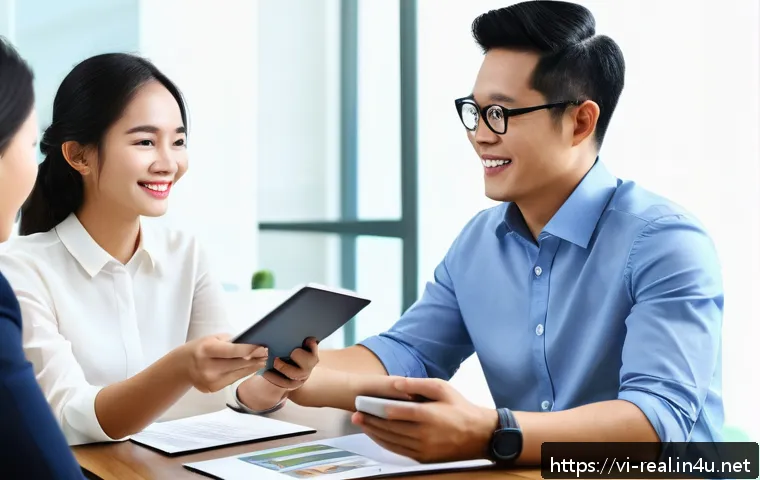 공인중개사와 고객 신뢰를 얻는 방법 - A Vietnamese real estate agent warmly interacting with a diverse group of clients in a modern office...