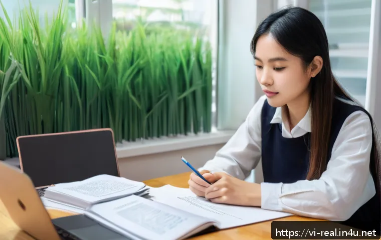 공인중개사 시험 준비 동기 부여 팁 - A focused Vietnamese young adult studying real estate certification at a cozy, well-lit study corner...