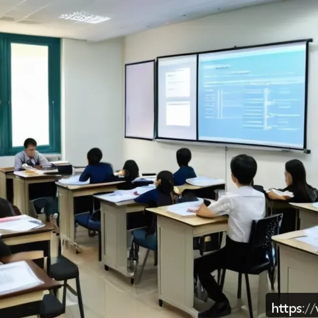 공인중개사 시험을 위한 추천 학원 - A modern Vietnamese classroom scene showing adult students attentively participating in a profession...