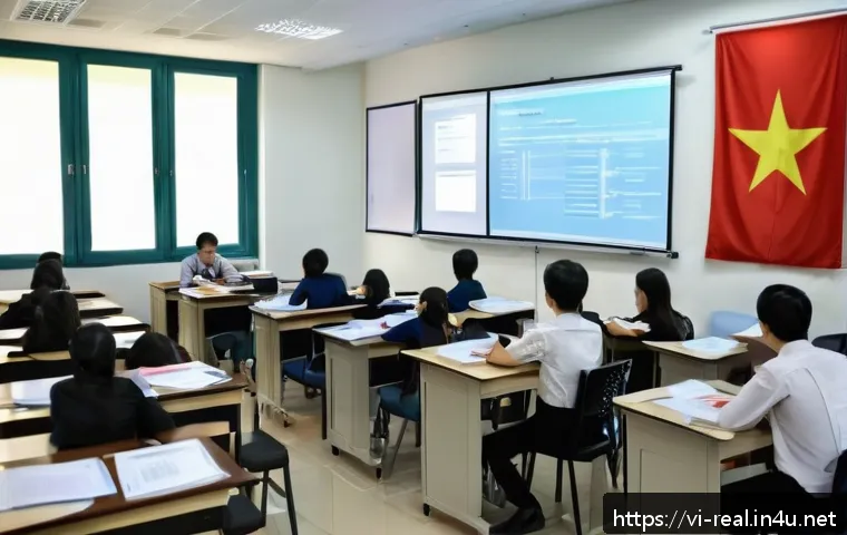 공인중개사 시험을 위한 추천 학원 - A modern Vietnamese classroom scene showing adult students attentively participating in a profession...