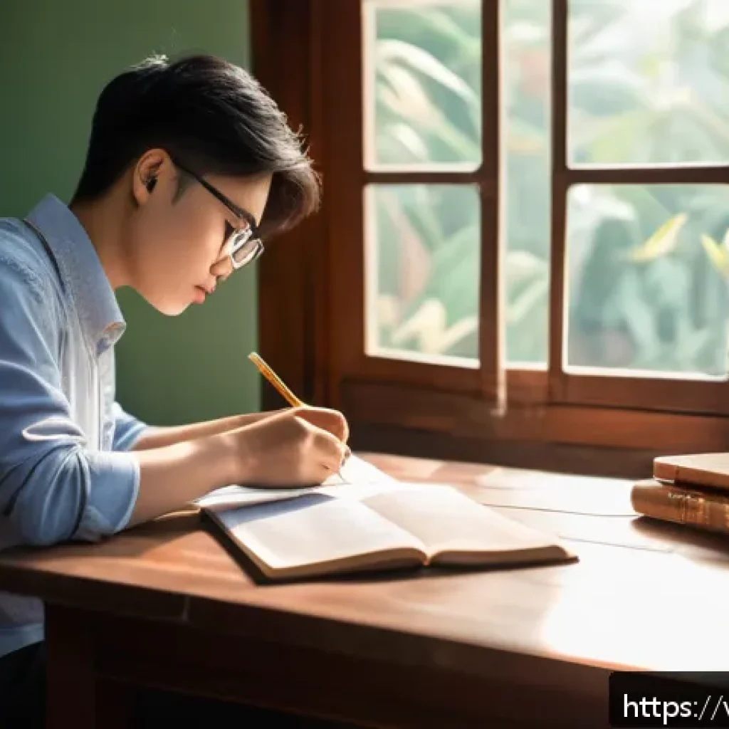 공인중개사 시험 대비 요점 정리 노트 - A focused Vietnamese young adult studying for the notary public exam at a wooden desk in a cozy home...