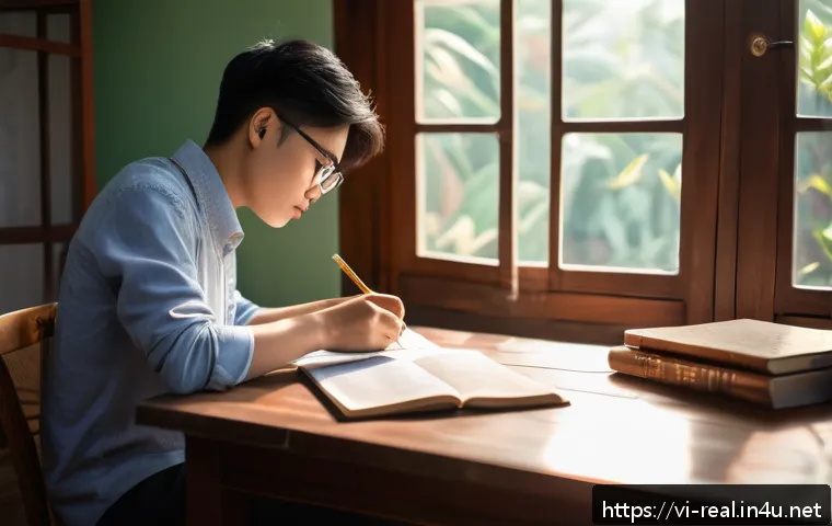 공인중개사 시험 대비 요점 정리 노트 - A focused Vietnamese young adult studying for the notary public exam at a wooden desk in a cozy home...