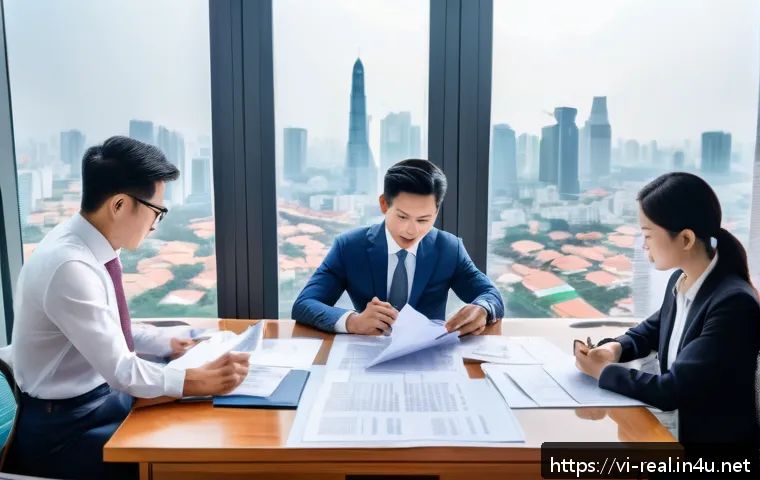 공인중개사 부동산 정책 변화 대응 - A modern Vietnamese real estate office scene showing professional brokers in business attire consult...