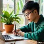 공인중개사 시험 대비 세부 체크리스트 - A focused Vietnamese young adult studying diligently at a modern wooden desk in a cozy home study ro...