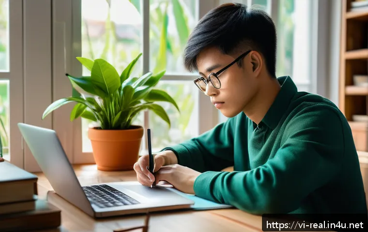 공인중개사 시험 대비 세부 체크리스트 - A focused Vietnamese young adult studying diligently at a modern wooden desk in a cozy home study ro...