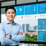 공인중개사와 최신 부동산 기술의 접목 방법 - A modern Vietnamese real estate agent in smart casual attire using a sleek centralized data manageme...