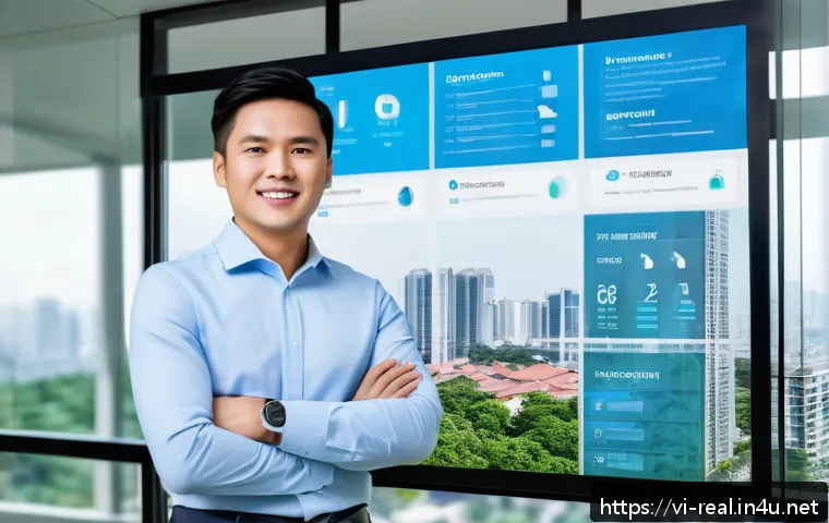 공인중개사와 최신 부동산 기술의 접목 방법 - A modern Vietnamese real estate agent in smart casual attire using a sleek centralized data manageme...