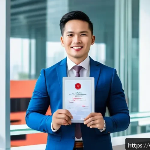 공인중개사 자격증으로 프리랜서로 일하기 - A confident Vietnamese real estate broker in professional business attire, holding a brokerage certi...