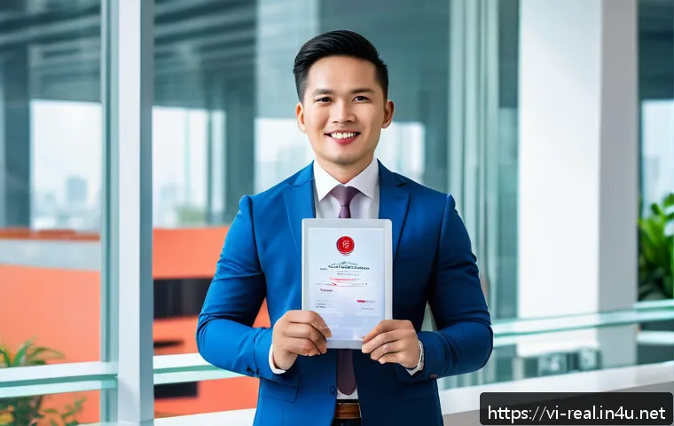 공인중개사 자격증으로 프리랜서로 일하기 - A confident Vietnamese real estate broker in professional business attire, holding a brokerage certi...