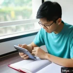 공인중개사 시험 대비 모바일 앱 추천 - A modern Vietnamese student sitting at a desk with a smartphone and laptop, studying law exam prepar...