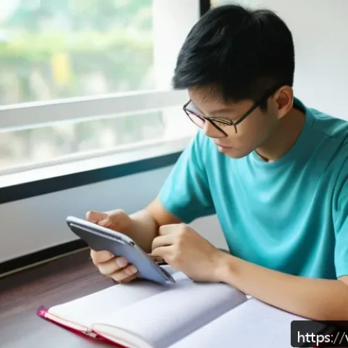 공인중개사 시험 대비 모바일 앱 추천 - A modern Vietnamese student sitting at a desk with a smartphone and laptop, studying law exam prepar...