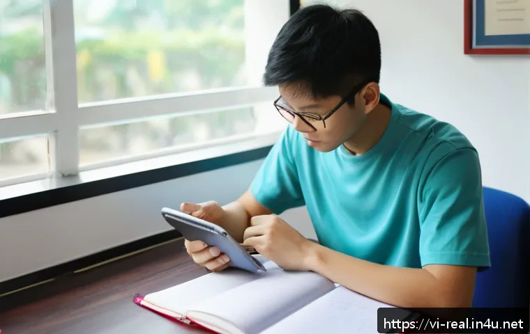 공인중개사 시험 대비 모바일 앱 추천 - A modern Vietnamese student sitting at a desk with a smartphone and laptop, studying law exam prepar...