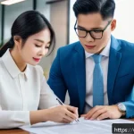 공인중개사 부동산 계약 중재 경험 - A professional Vietnamese real estate contract signing scene in a modern office, featuring diverse b...