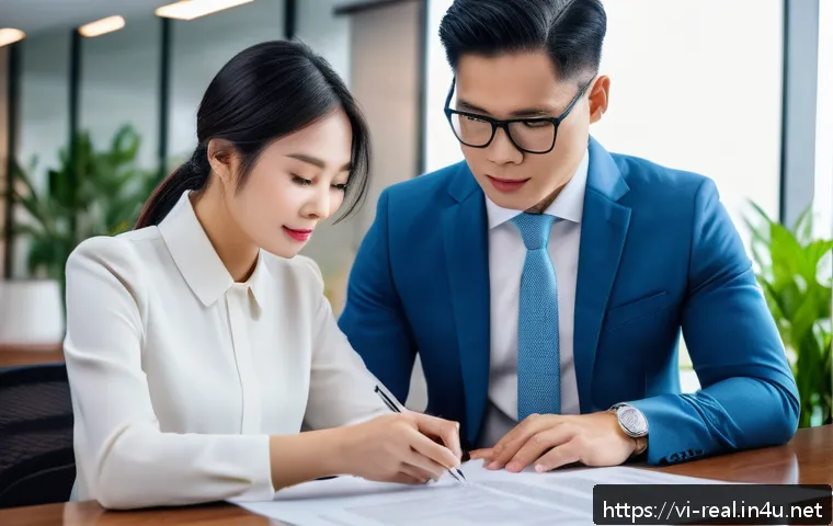 공인중개사 부동산 계약 중재 경험 - A professional Vietnamese real estate contract signing scene in a modern office, featuring diverse b...