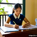 공인중개사 시험 준비 단계별 체크리스트 - Photorealistic Vietnamese university student preparing for a real estate broker licensing exam at a ...