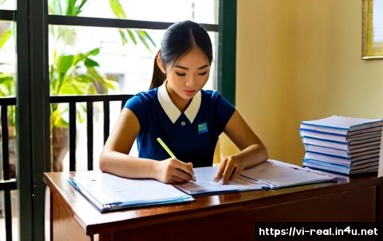 공인중개사 시험 준비 단계별 체크리스트 - Photorealistic Vietnamese university student preparing for a real estate broker licensing exam at a ...