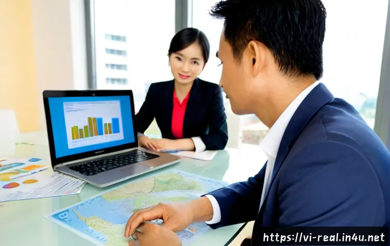 공인중개사와 부동산 관련 빅데이터 분석 - Photorealistic Vietnamese real estate agent in professional attire consulting with a couple at a bri...