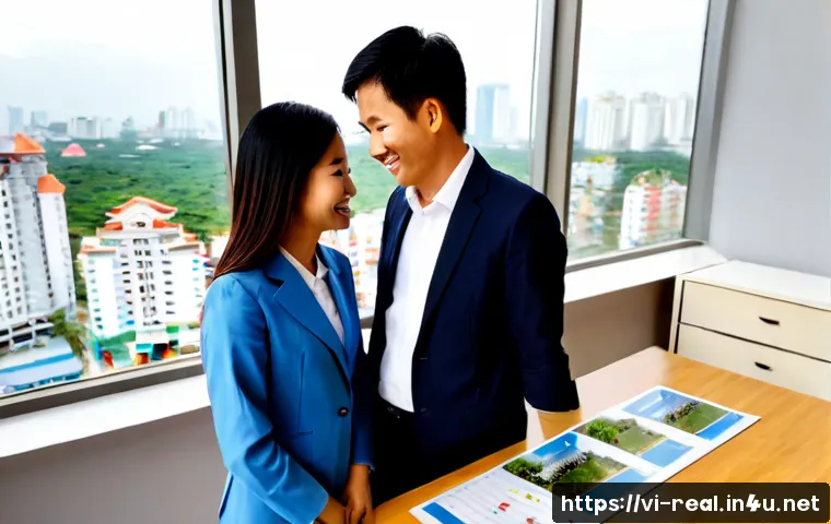 Home 17 공인중개사 부동산 컨설팅 성공 사례 - Photorealistic successful real estate consultation in a modern Ho Chi Minh City apartment showroom, ...