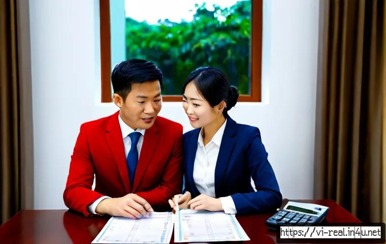 공인중개사와 부동산 청약 노하우 - Photorealistic Vietnamese real estate consultant in professional attire warmly advising a young coup...